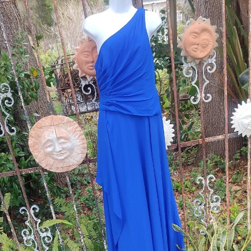 Dave's Bridal Kobalt Blue One Shoulder Grecian Goddess Dress Size 8